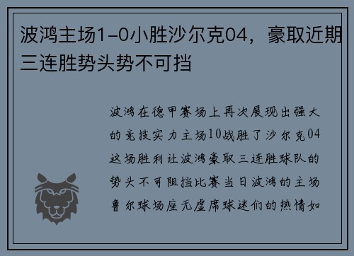 波鸿主场1-0小胜沙尔克04，豪取近期三连胜势头势不可挡