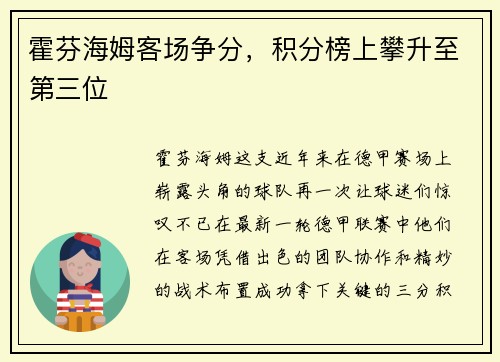 霍芬海姆客场争分，积分榜上攀升至第三位