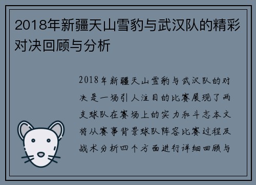 2018年新疆天山雪豹与武汉队的精彩对决回顾与分析